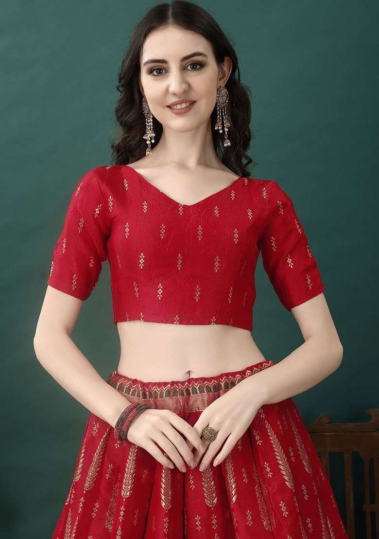 Red Emboridered Blended Lehenga Choli - Indya