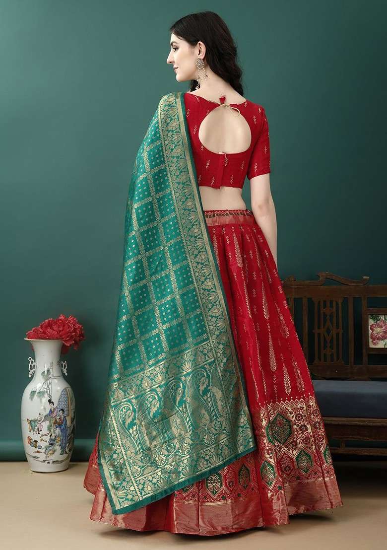 Red Emboridered Blended Lehenga Choli - Indya