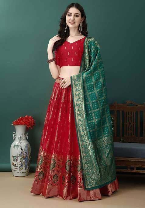 Red Emboridered Blended Lehenga Choli
