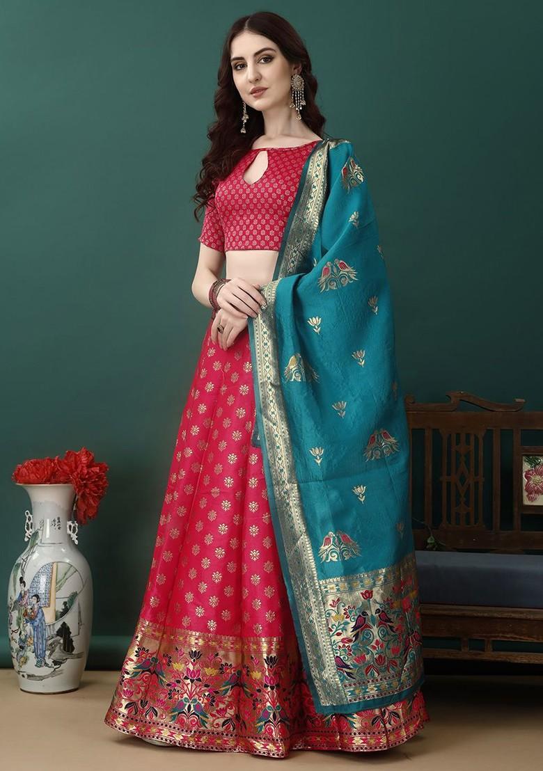 Pink Emboridered Blended Lehenga Choli - Indya