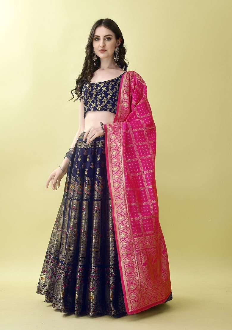 Navy Blue Emboridered Blended Lehenga Choli - Indya