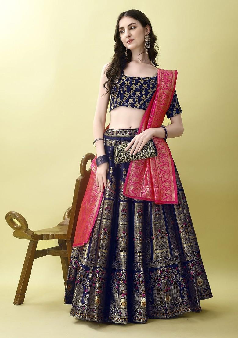 Navy Blue Emboridered Blended Lehenga Choli - Indya