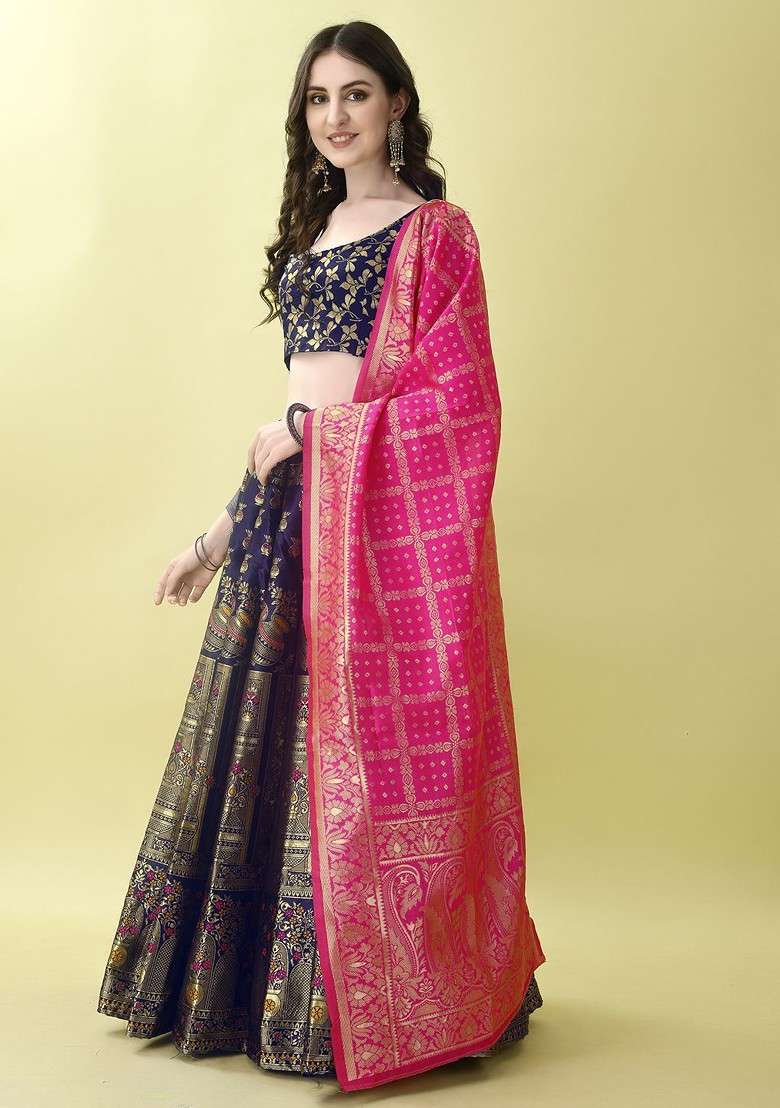 Navy Blue Emboridered Blended Lehenga Choli - Indya