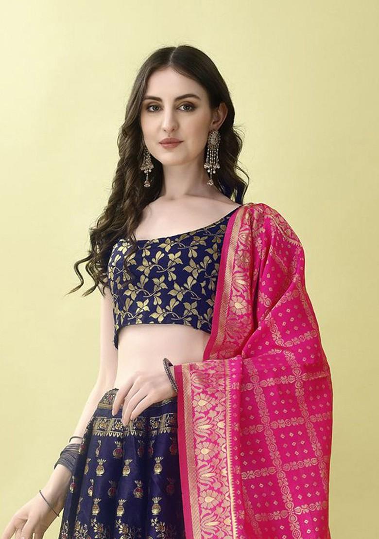 Navy Blue Emboridered Blended Lehenga Choli - Indya