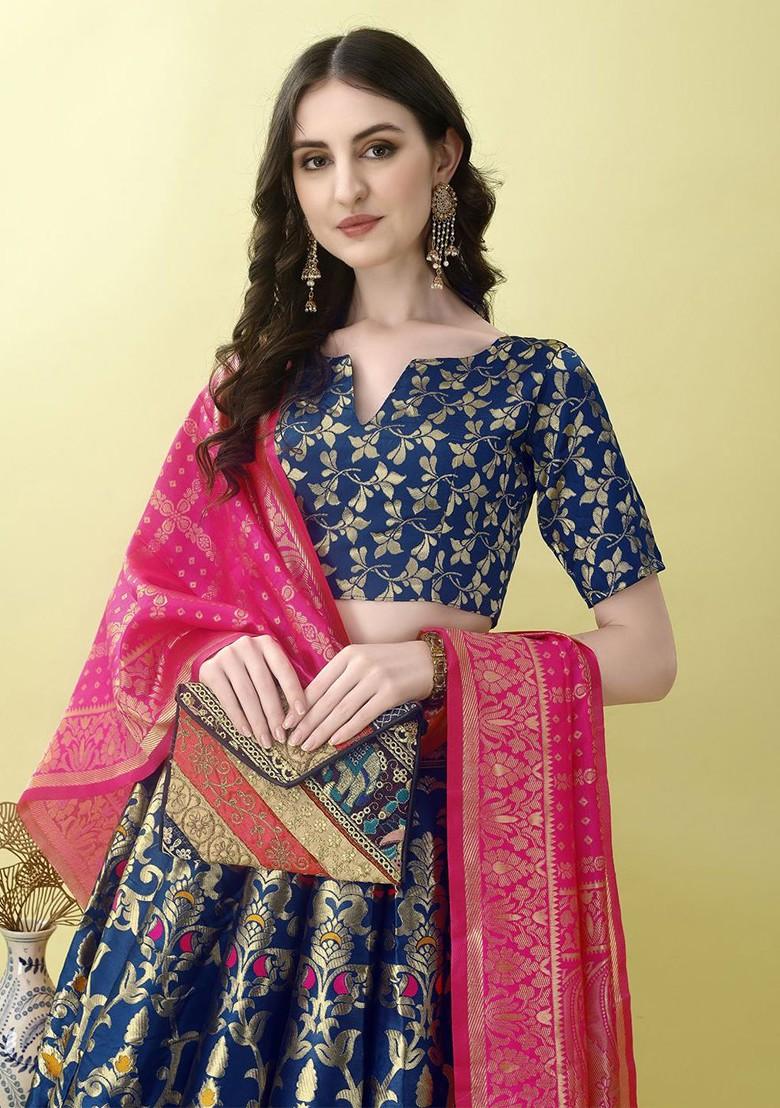 Blue Zari Work Blended Lehenga Choli - Indya