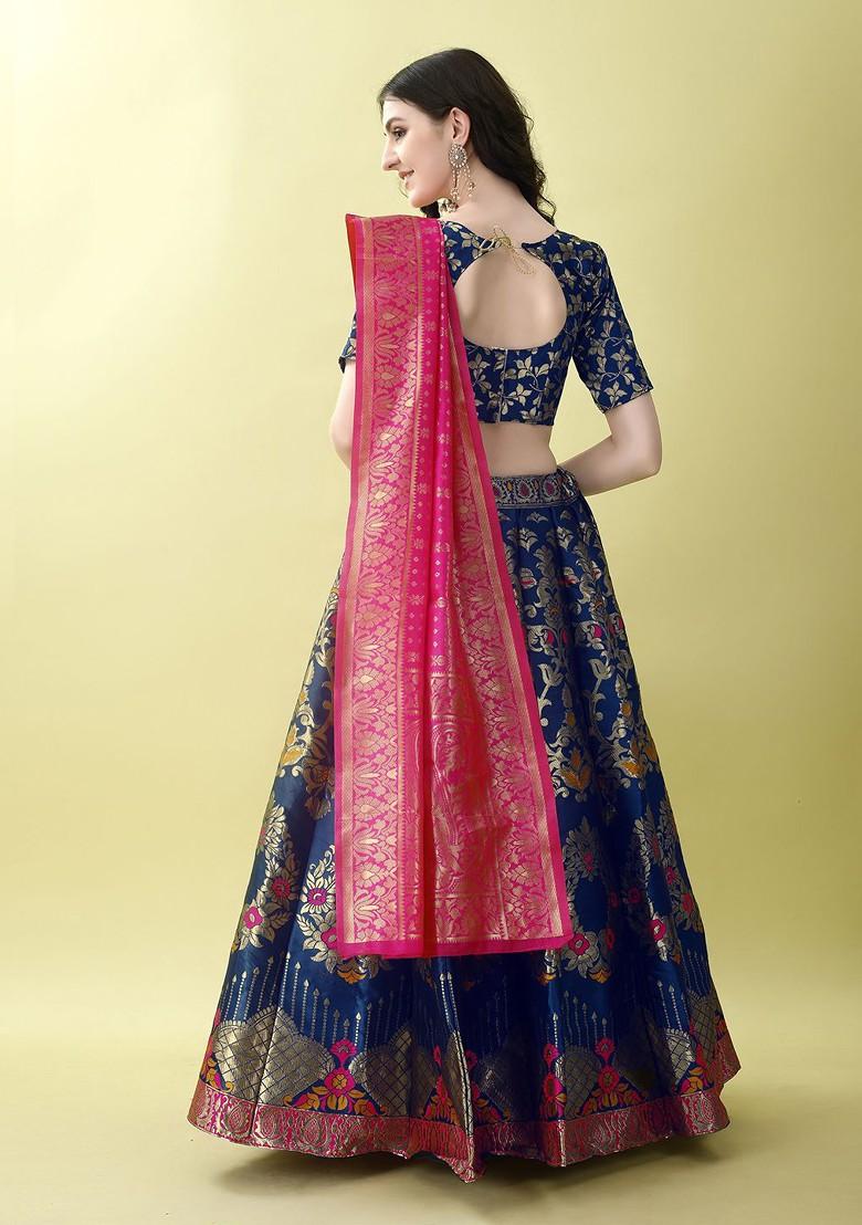 Blue Zari Work Blended Lehenga Choli - Indya