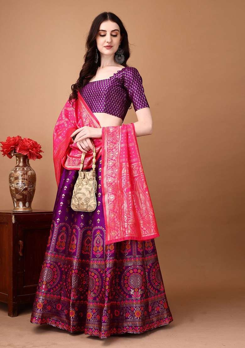 Purple Emboridered Blended Lehenga Choli - Indya