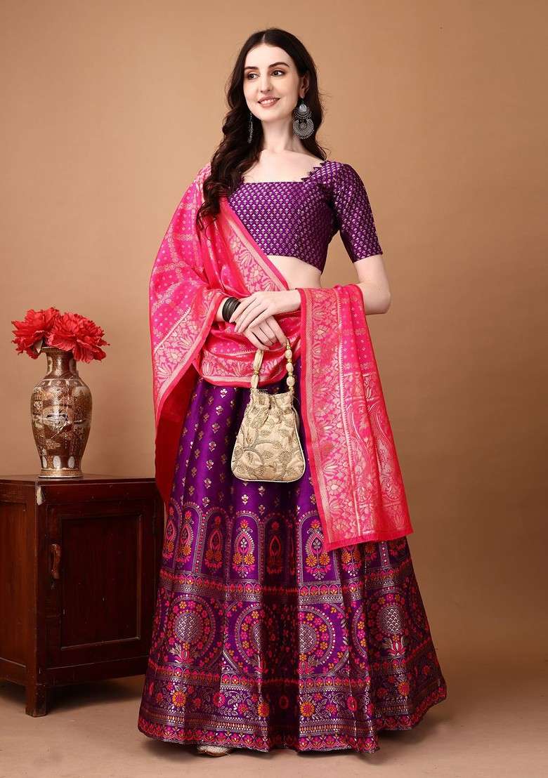 Purple Emboridered Blended Lehenga Choli - Indya