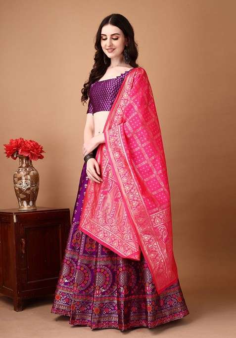 Purple Emboridered Blended Lehenga Choli