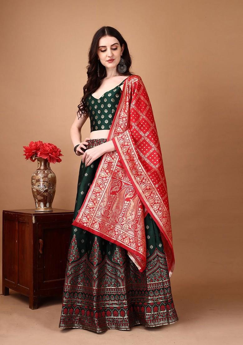 Green Emboridered Blended Lehenga Choli - Indya