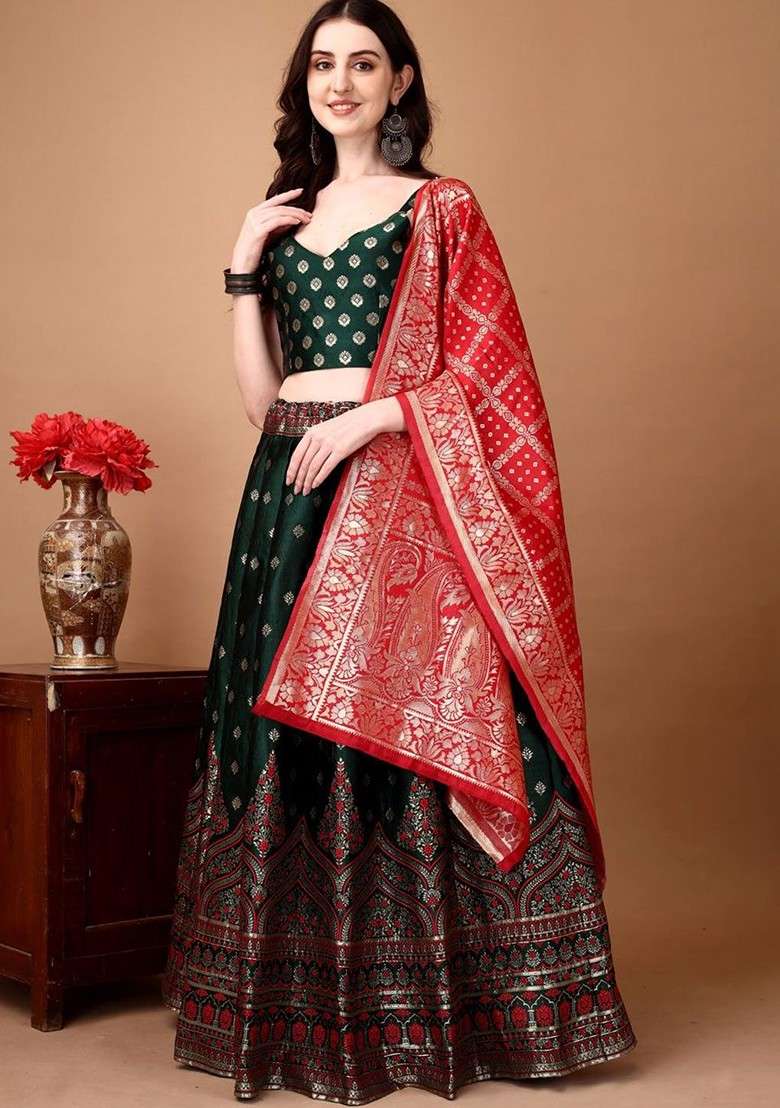 Green Emboridered Blended Lehenga Choli - Indya