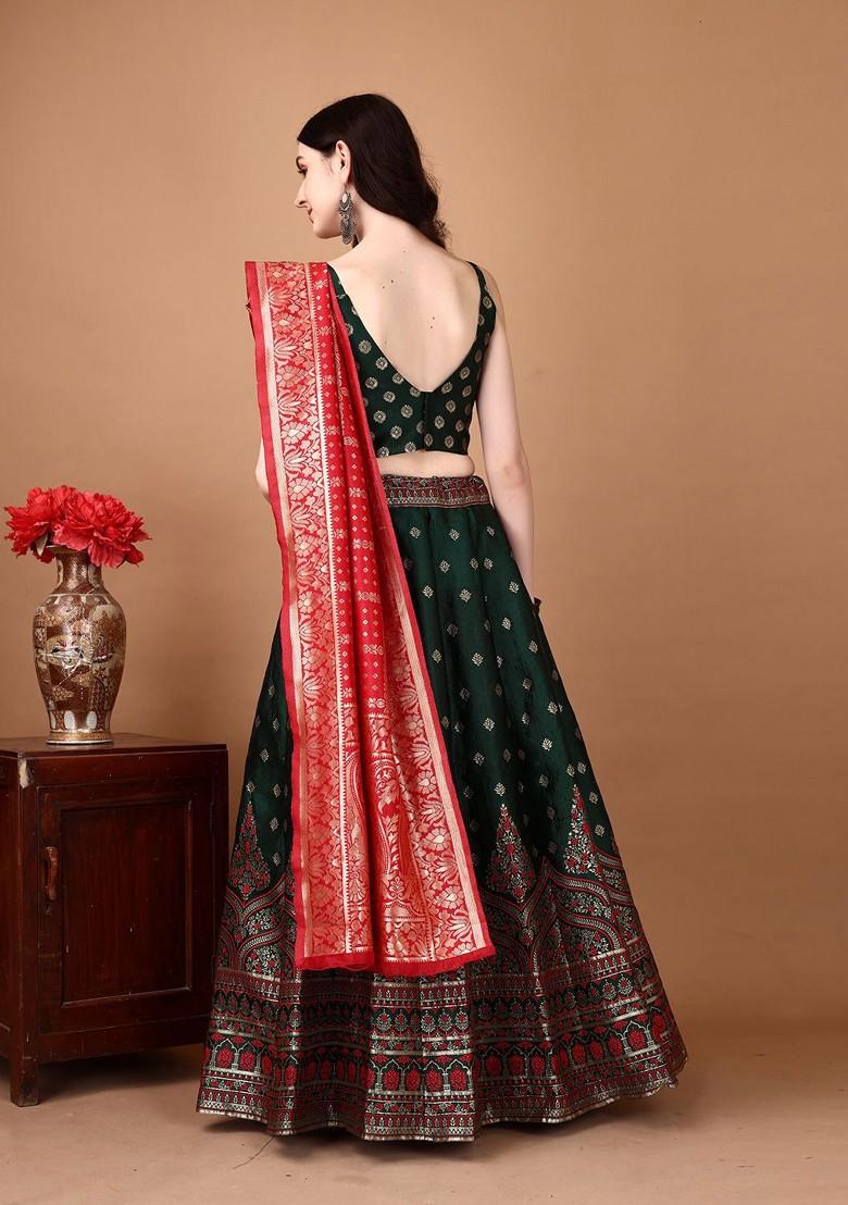 Green Emboridered Blended Lehenga Choli - Indya