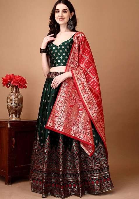 Green Emboridered Blended Lehenga Choli