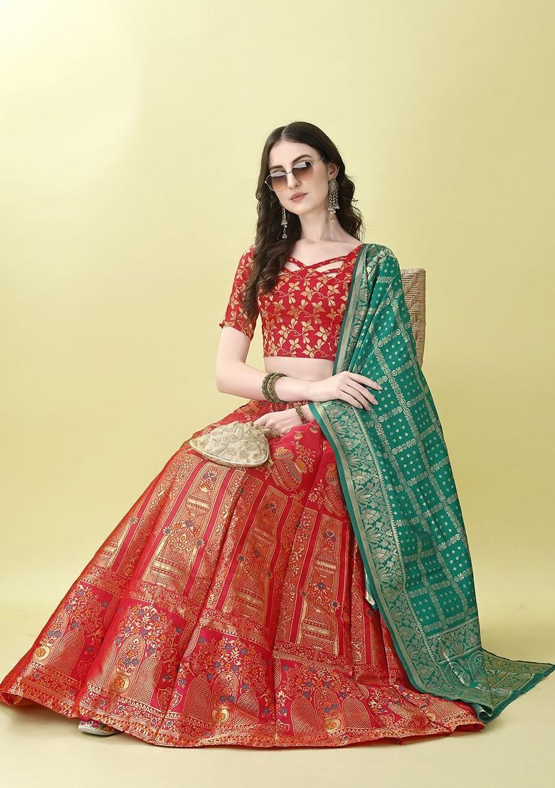 Red Emboridered Blended Lehenga Choli - Indya