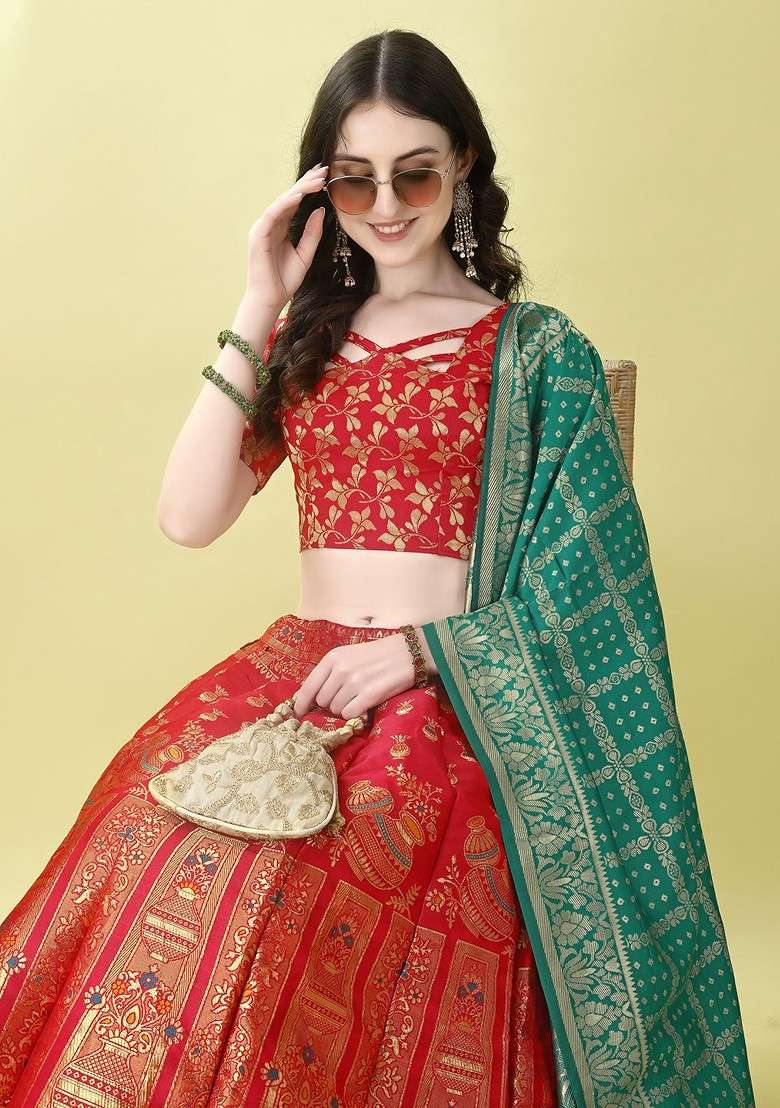 Red Emboridered Blended Lehenga Choli - Indya