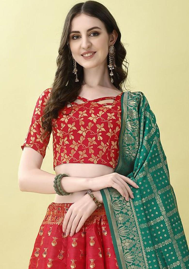Red Emboridered Blended Lehenga Choli - Indya