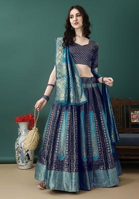 Navy Blue Woven Design Blended Lehenga Choli