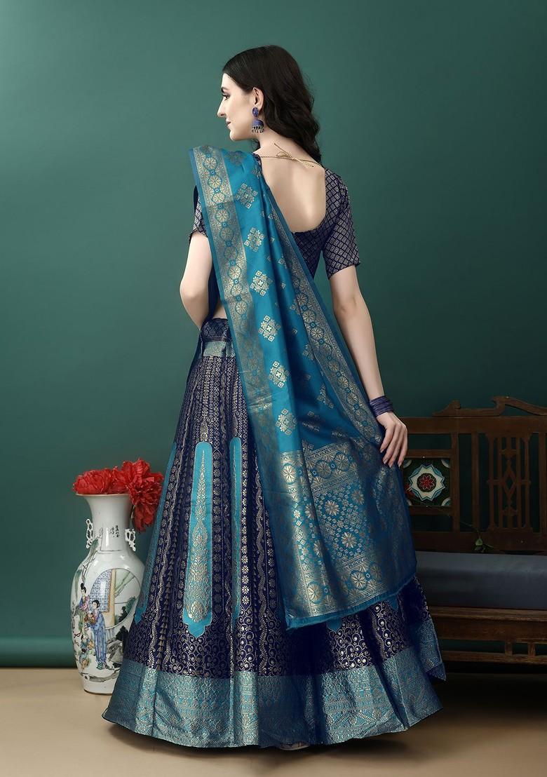 Navy Blue Woven Design Blended Lehenga Choli - Indya