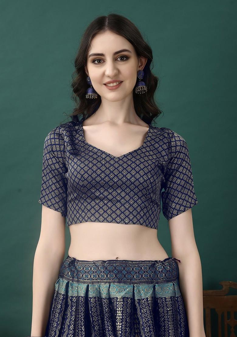 Navy Blue Woven Design Blended Lehenga Choli - Indya