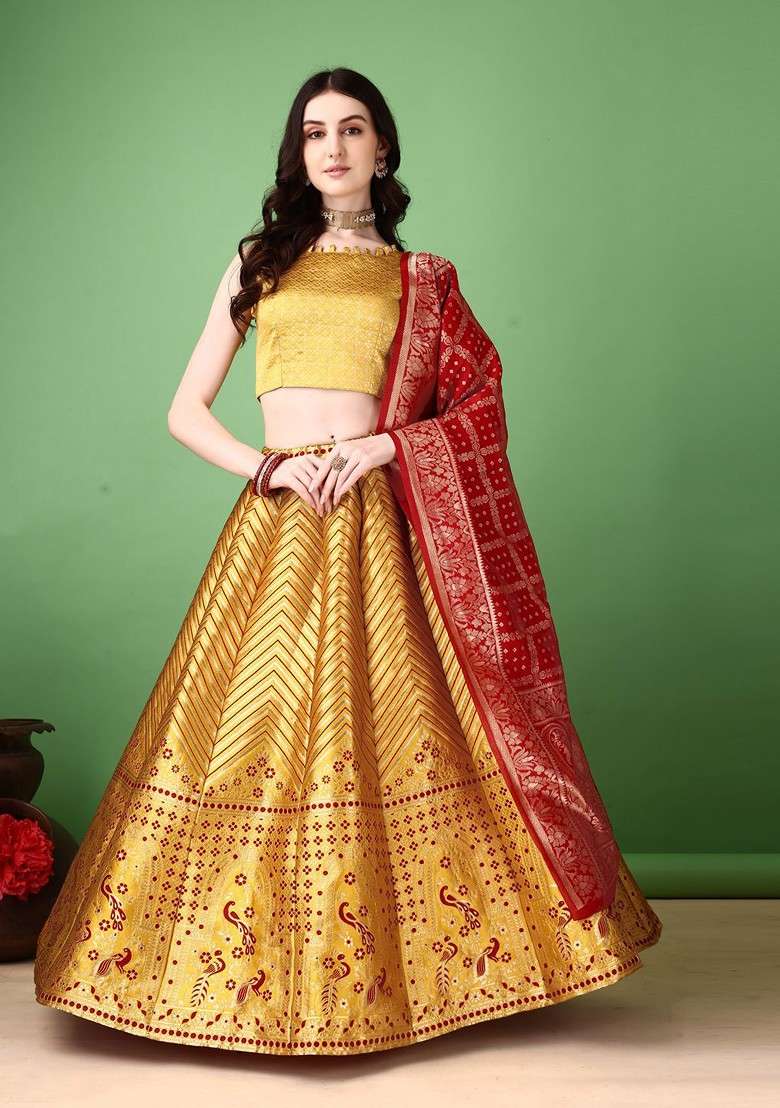 Gold Emboridered Blended Lehenga Choli - Indya