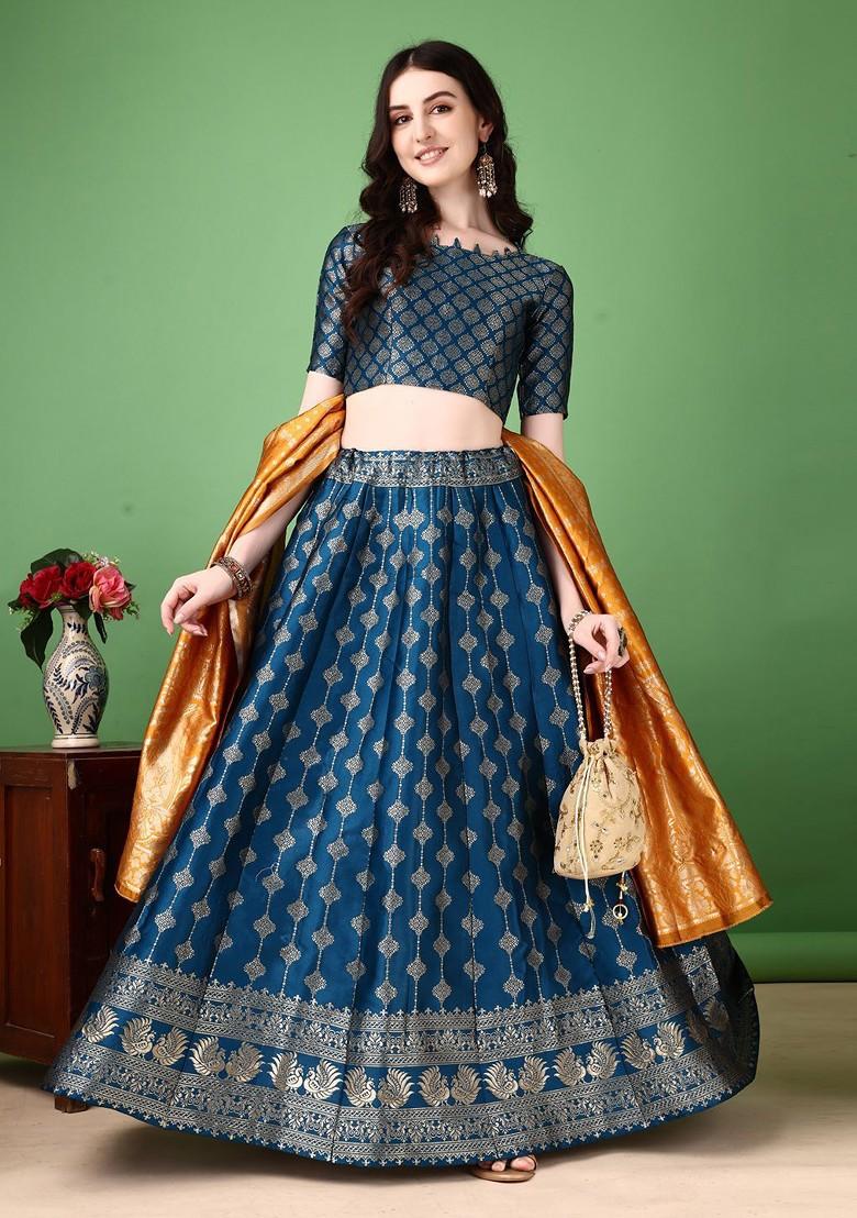 Navy Blue Emboridered Blended Lehenga Choli - Indya