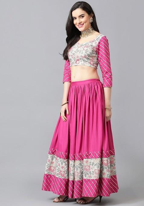 Pink Printed Blended Lehenga Choli