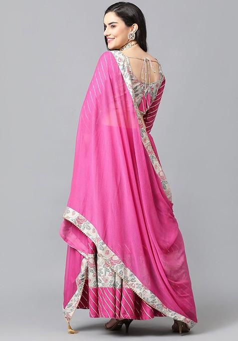 Pink Printed Blended Lehenga Choli