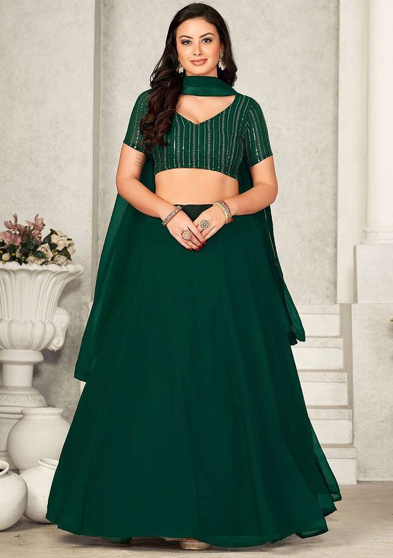 Green Embellished Blended Lehenga Choli - Indya