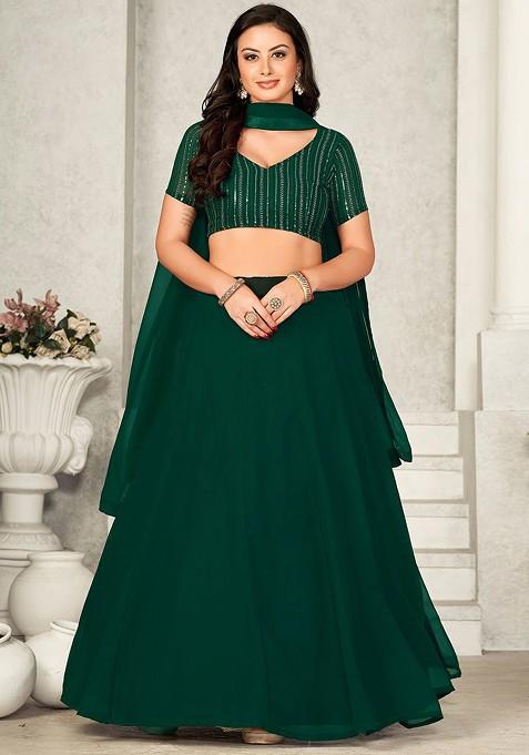 Green Embellished Blended Lehenga Choli — view on Indya