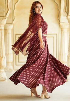 Maroon Printed Blended Lehenga Choli