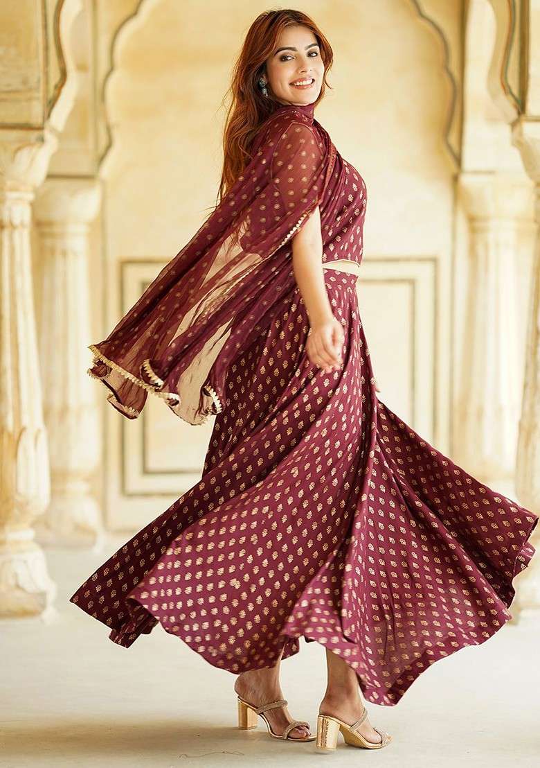 Maroon Printed Blended Lehenga Choli - Indya
