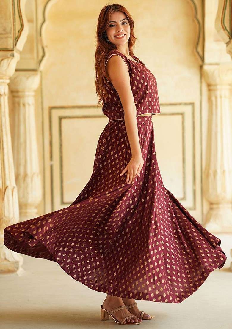Maroon Printed Blended Lehenga Choli - Indya