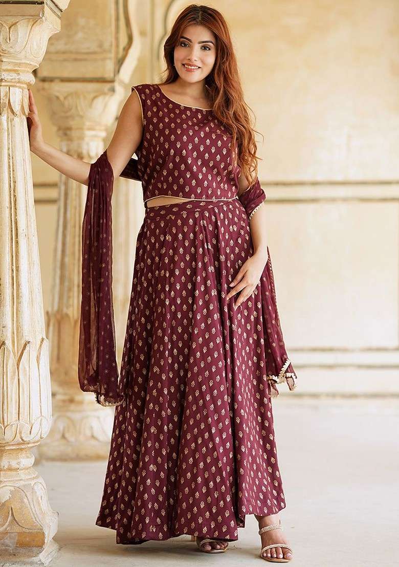 Maroon Printed Blended Lehenga Choli - Indya