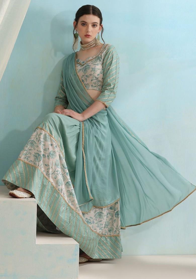Turquoise Blue Printed Blended Lehenga Choli