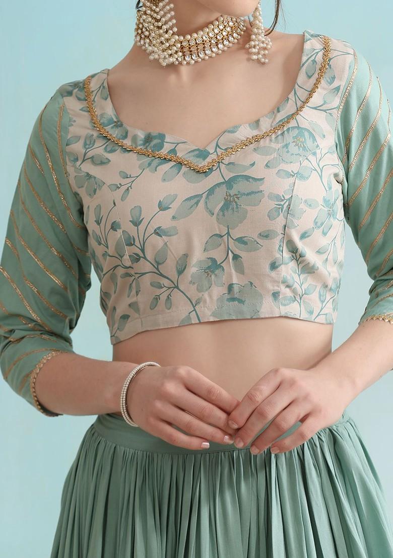 Turquoise Blue Printed Blended Lehenga Choli