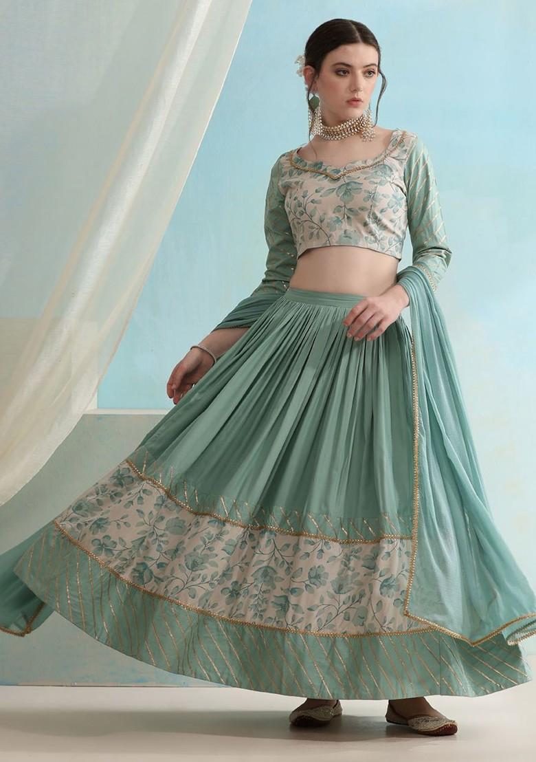 Turquoise Blue Printed Blended Lehenga Choli