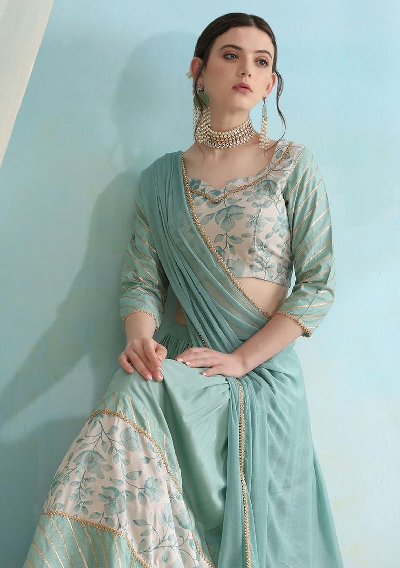 Turquoise Blue Printed Blended Lehenga Choli