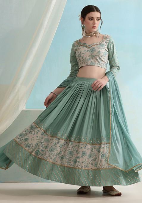 Turquoise Blue Printed Blended Lehenga Choli