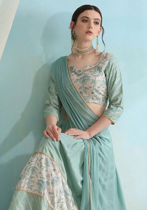 Turquoise Blue Printed Blended Lehenga Choli