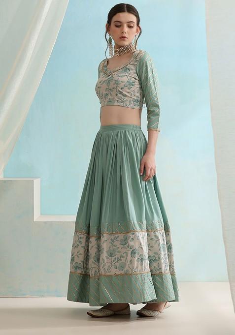 Turquoise Blue Printed Blended Lehenga Choli