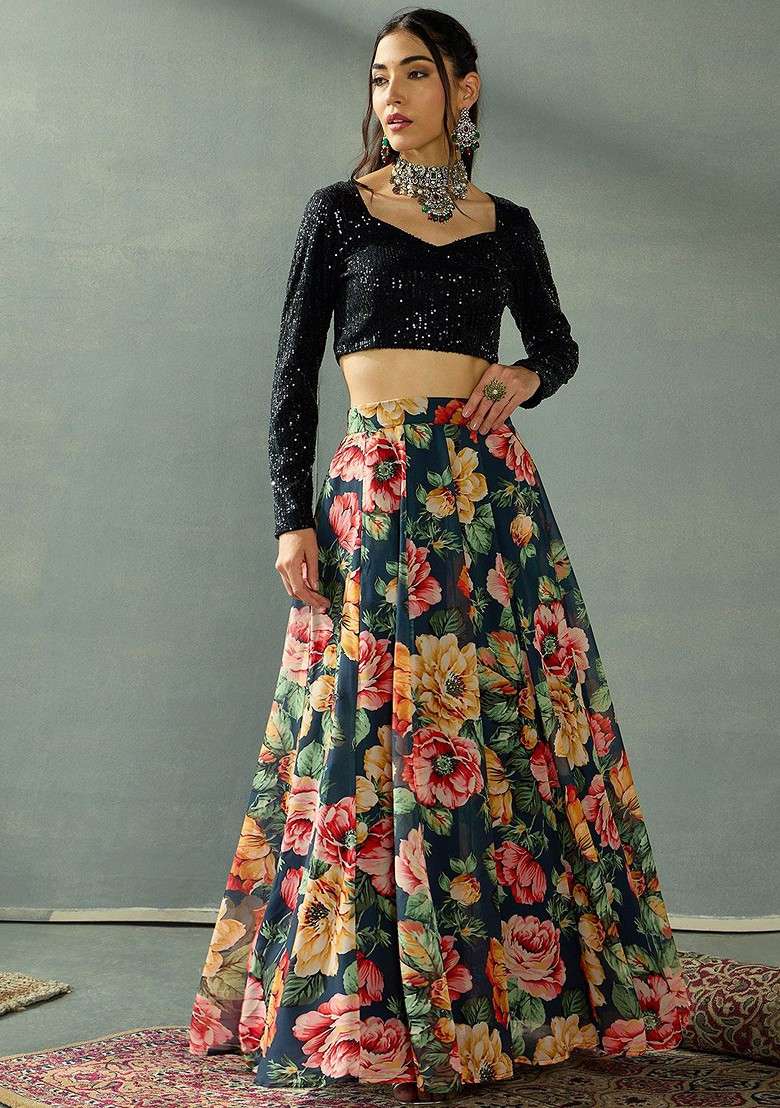 Black Blended Choli Lehenga with Sequinned for Diwali | Wedding & Festive Wear - Indya