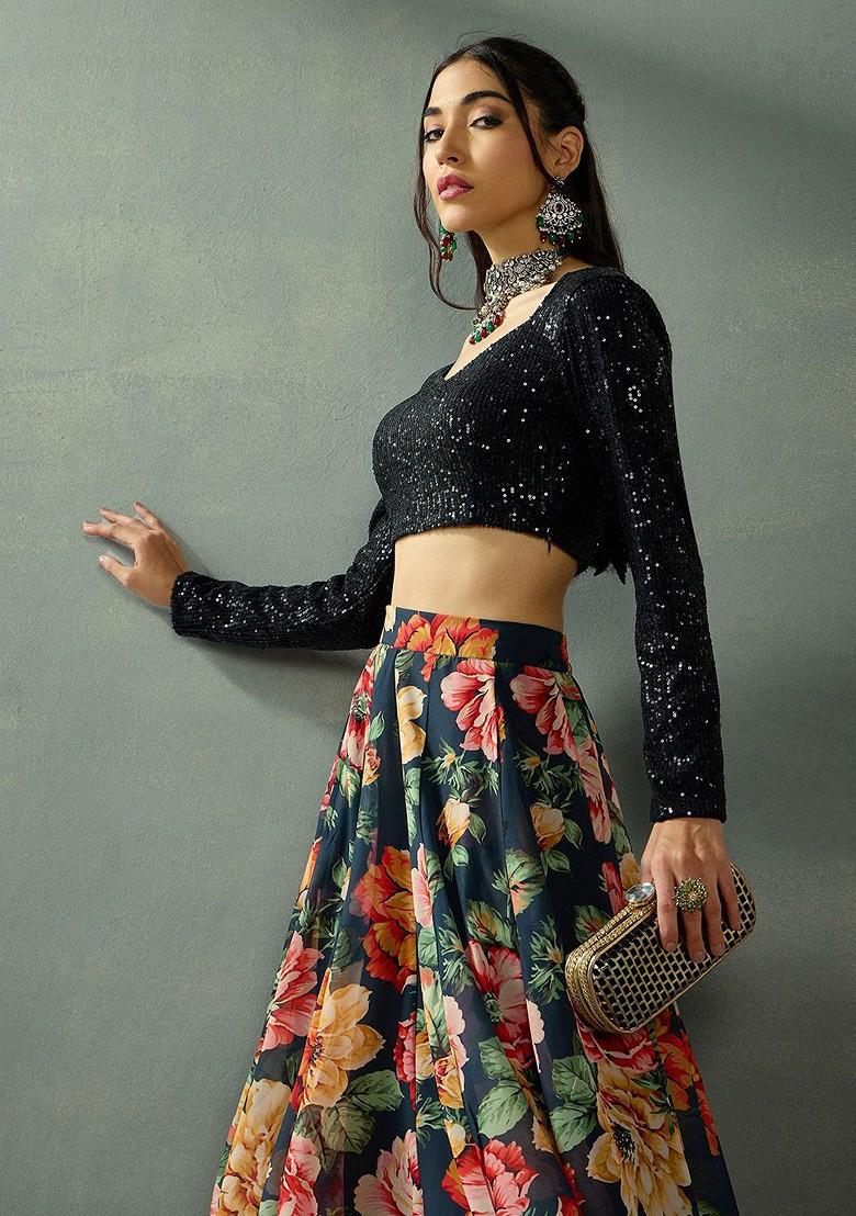 Black Sequinned Blended Lehenga Choli - Indya