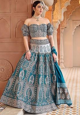Turquoise Blue Emboridered Blended Lehenga Choli