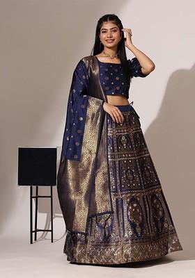 Navy Blue Zari Work Blended Lehenga Choli