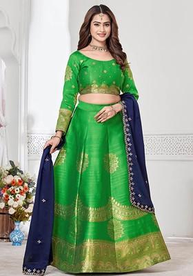 Lime Green Emboridered Blended Lehenga Choli