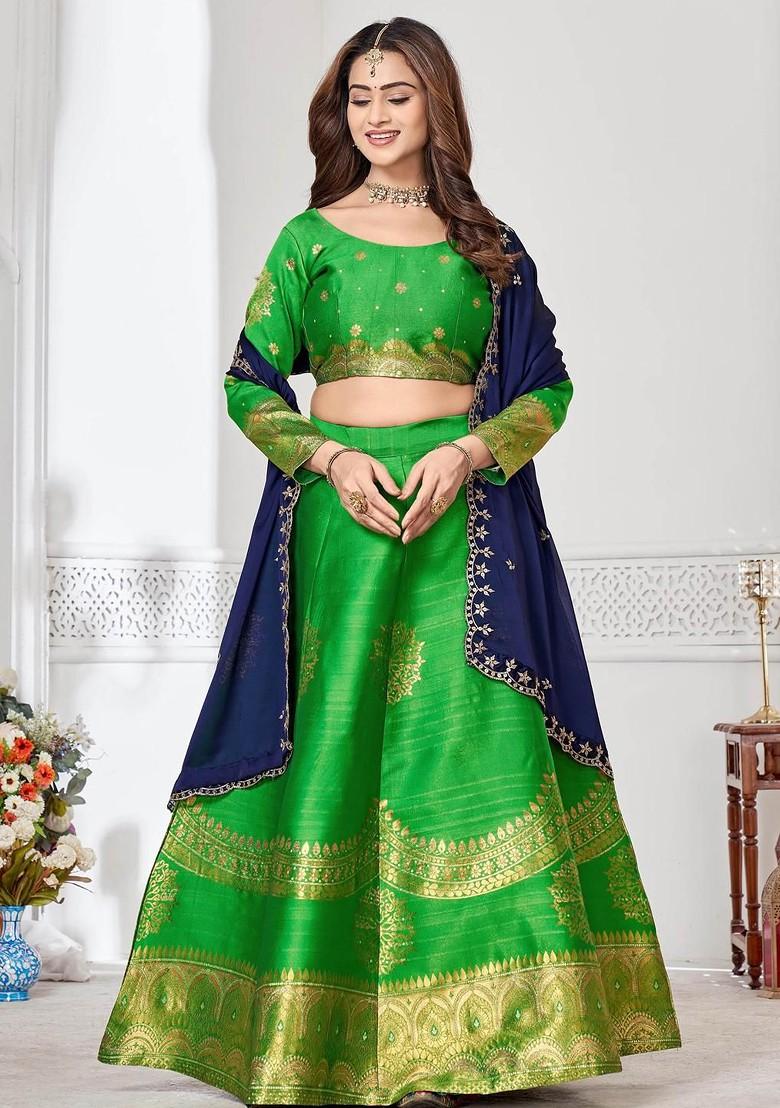 Lime Green Emboridered Blended Lehenga Choli - Indya
