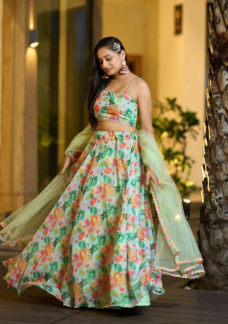 Green Printed Blended Lehenga Choli - Indya