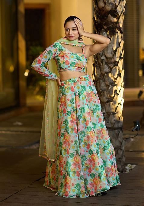Green Printed Blended Lehenga Choli — view on Indya