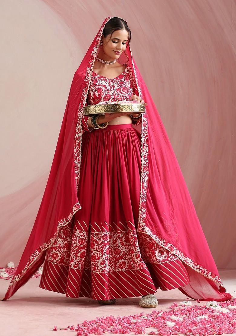 Pink Printed Blended Lehenga Choli