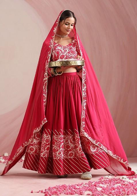 Pink Printed Blended Lehenga Choli